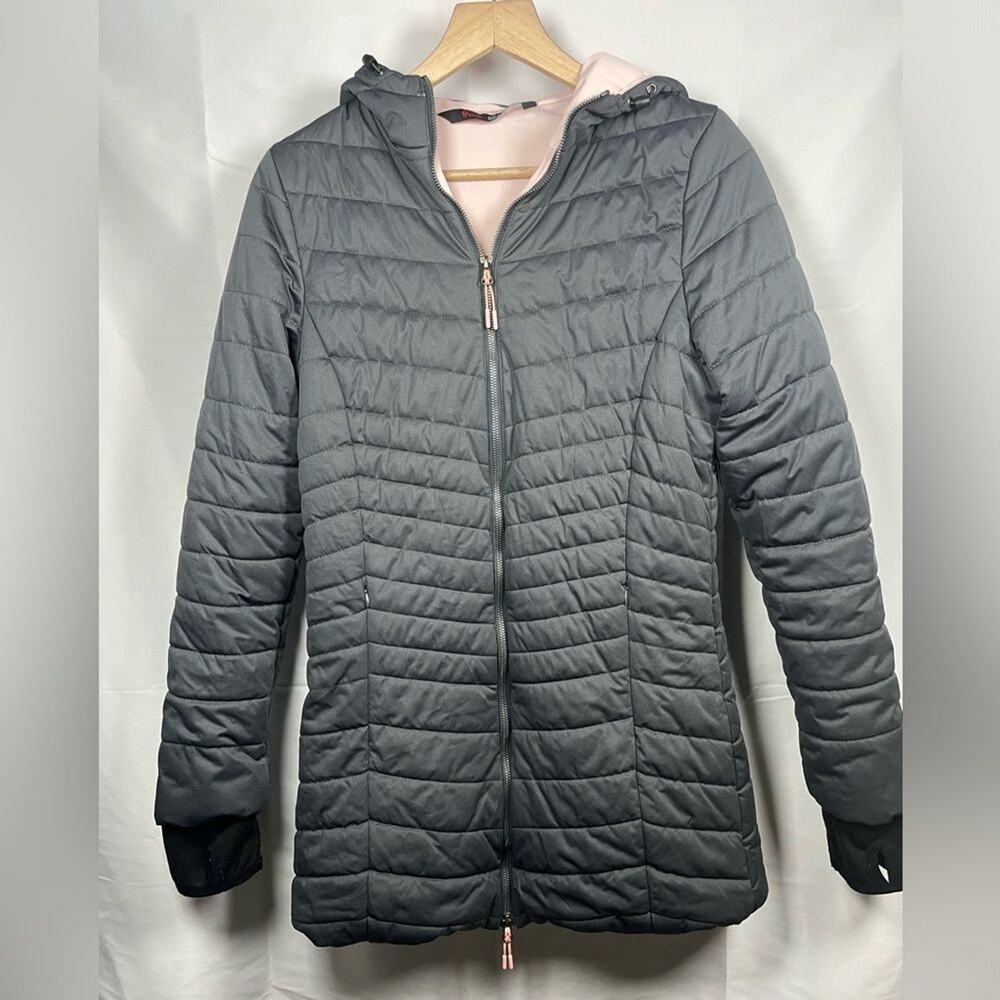Stoic long line puffer coat women’s small gray pink full zip pockets